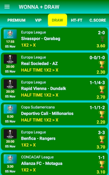 Wonna app screenshot showing soccer predictions